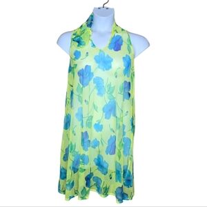 VINTAGE neon floral mesh hooded‎ pullover swimsuit beach coverup M